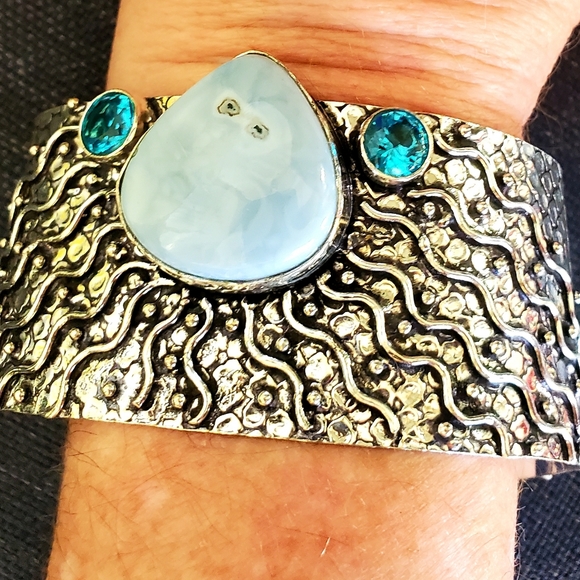 New Owyhee Opal and Blue Topaz 925 Silver Cuff Bracelet. - Picture 13 of 16